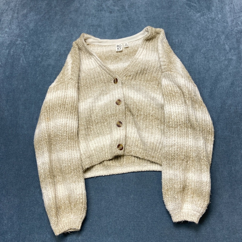 Roxy Cardigan Sweater Womens Small Beige Marble Tiles Bulky Sleeves Button Front